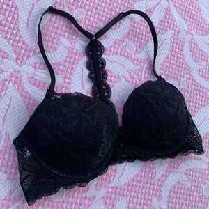 GREAT to EUC PINK DATE RACERBACK PUSH-UP FRONT CLOSE BRA IN BLACK LACE- POPULAR